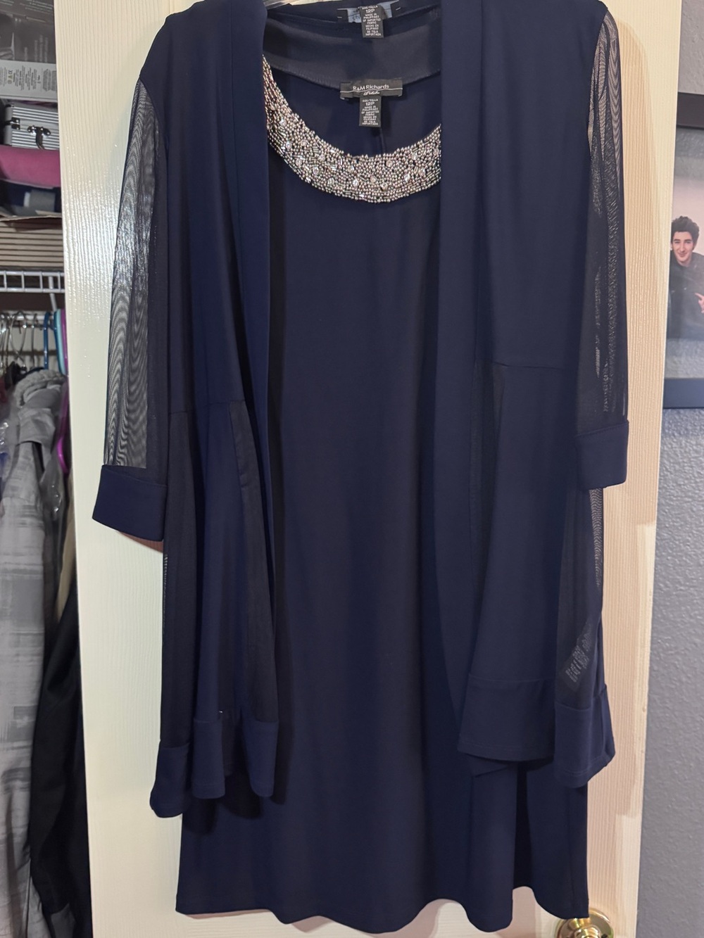 R&M Richards Navy Embellished Neck Midi Dress with Sheer Jacket